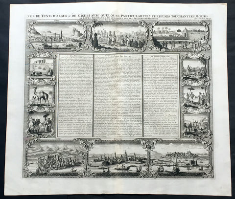 1719 Chatelain Large Antique Print North Africa City Views Algiers, Jijel, Tripoli & Tunis