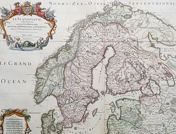 1707 Alexis Jaillot Large Original Antique Map of Scandinavia, Estonia, Latvia..