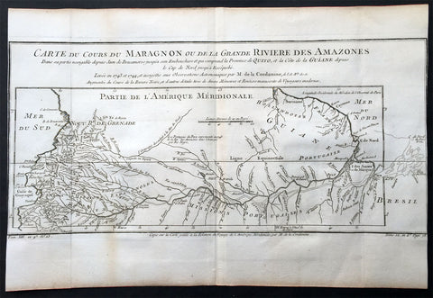 1750 Bellin & Condamine Antique Map The Course of the Amazon River South America