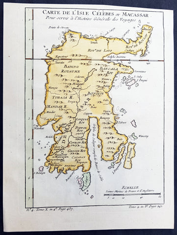 1752 Bellin Antique Map of the Island of Sulawesi, formerly Celebes, Indonesia