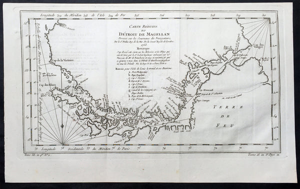 1753 Bellin Original Antique Map of Magellan Straits, Argentine Tierra Del Fuego