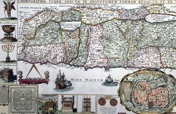 1632 Jacobus Tirinus Large Antique Map of The Holy Land, Palestine, XII Tribes