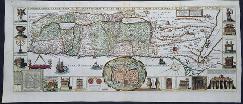 1632 Jacobus Tirinus Large Antique Map of The Holy Land, Palestine, XII Tribes
