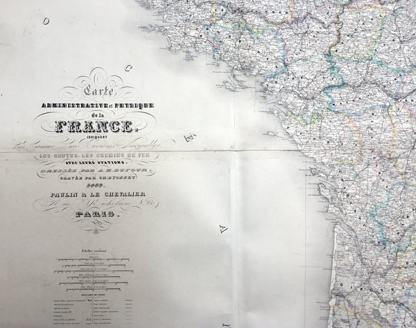 1857 Dufour Very Large Scarce Old, Antique Map of France - 4ft x 6ft