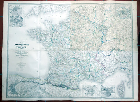 1857 Dufour Very Large Scarce Old, Antique Map of France - 4ft x 6ft