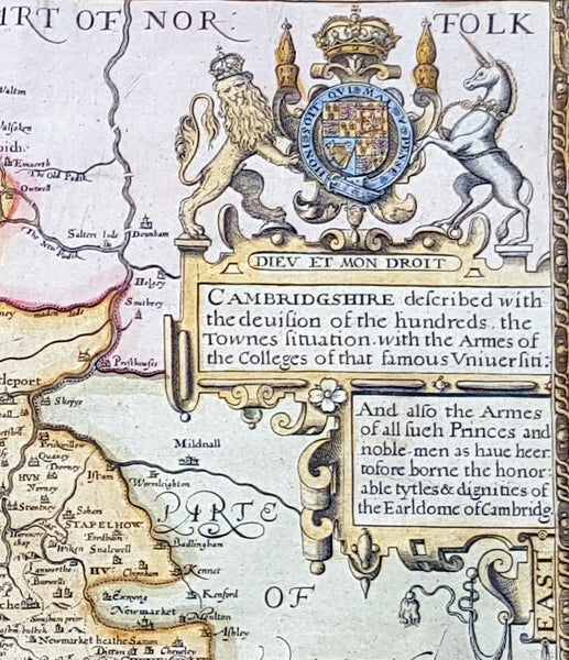 1610 John Speed Antique Map of The English County of Cambridgeshire