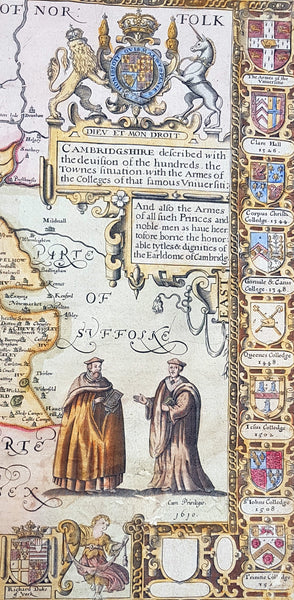 1610 John Speed Antique Map of The English County of Cambridgeshire