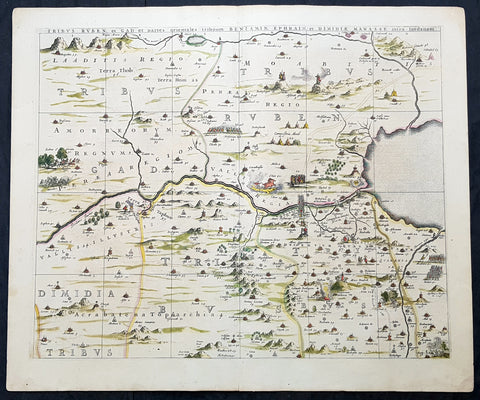 1662 Hornius & Jansson Antique Holy Land Map Tribes Ruben, Gad, Benjamin,  Ephraim & Manasseh