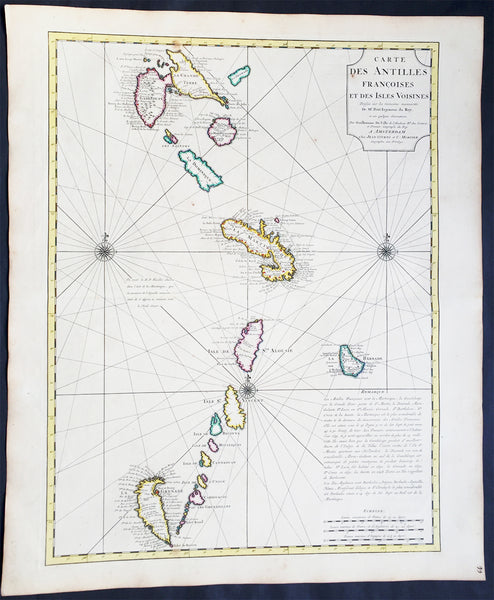 1725 Delisle Large Antique Map The West Indies - Antilles, Guadeloupe to Granada
