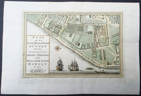 1757 Prevost & Schley Antique Map VOC Fort Hoogly & Chuchura, West Bengal, India