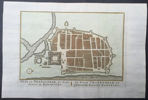 1755 Prevost & Schley Antique Map, Plan of Tharangambadi, in Tamil Nadu, India