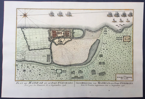 1757 Prevost & Schley Antique Map Ft St George Madras, Chennai, Tamil Nadu India