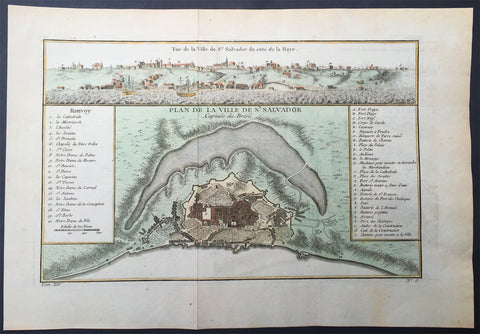 1757 Bellin Antique Map & View of the City of Salvador, Brazil