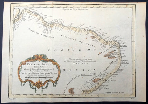 1757 Nicolas Bellin Original Antique Map of Brazil, South America