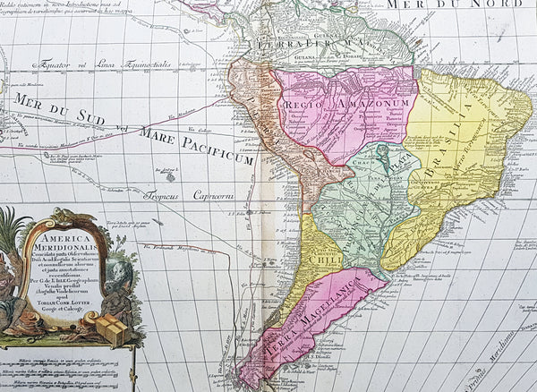 1772 Tobias Lotter Large Antique Map of South America, Magellan, Drake, Le Maire