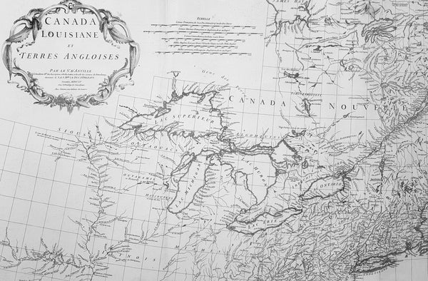 1755 JB D Anville Large Original Antique Map of North America, Great Lakes, Indian Wars