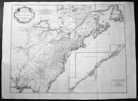 1755 JB D Anville Large Original Antique Map of North America, Great Lakes, Indian Wars