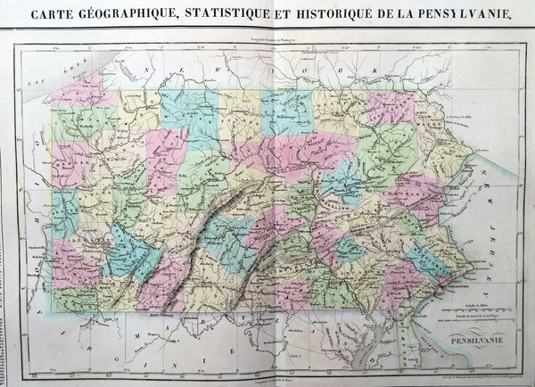 1825 Carey & Lea, Buchon Large Antique Map of the State of Pennsylvania, USA