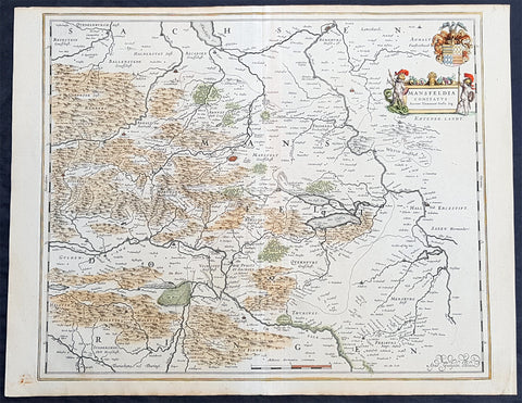 1638 Willem Blaeu Antique Map of Mansfeld Land, in SW Saxony-Anhalt, Germany