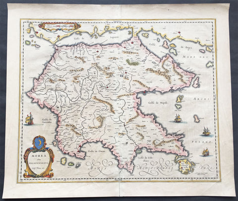 1640 Blaeu Antique Map of the Peloponnese or Morea Peninsula, Greece
