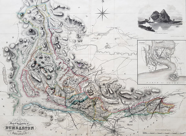 1841 Johnston Large Antique Map The County of Dumbarton, Dunbartonshire Scotland