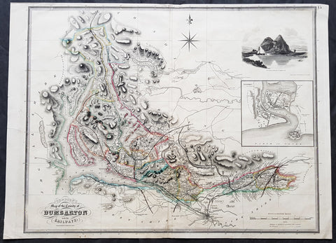1841 Johnston Large Antique Map The County of Dumbarton, Dunbartonshire Scotland