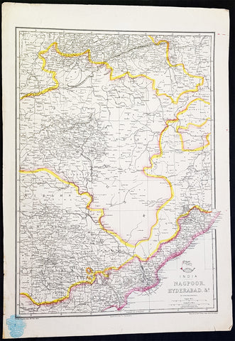 1857 Edward Weller Large Antique Map of Hyderabad & Nagpur Regions of India
