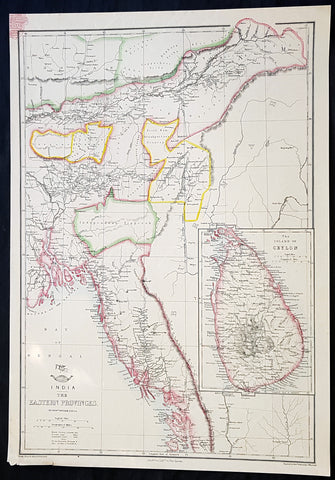 1858 Edward Weller Large Antique Map of Bangladesh, Assam, Sri lanka Ceylon