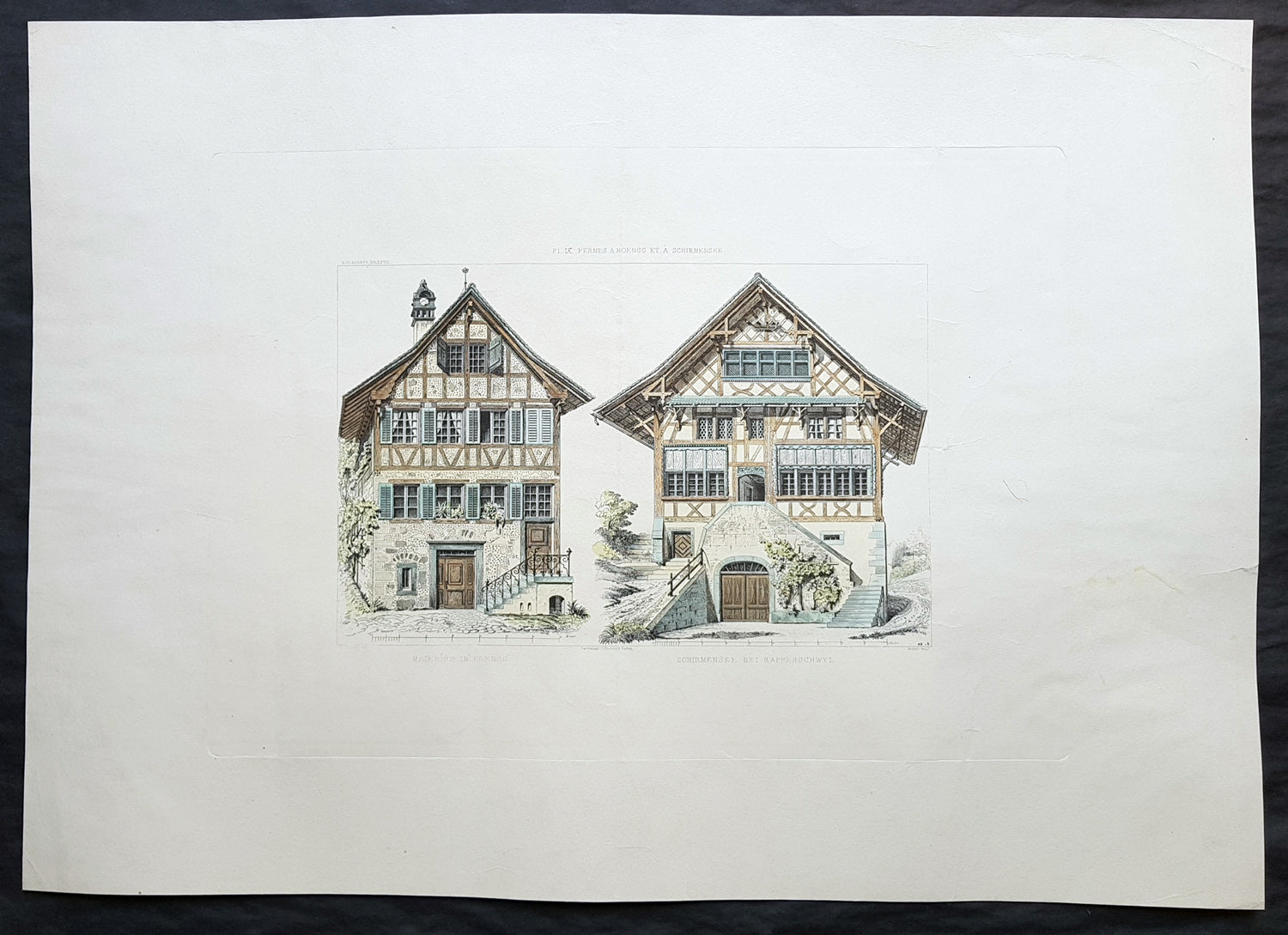 輝く高品質な Antique Original Large Gladbach Ernst 1868 Print Houses of 建築工学