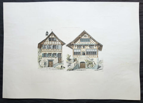 1868 Ernst Gladbach Large Original Antique Print of Houses in Zurich Switzerland