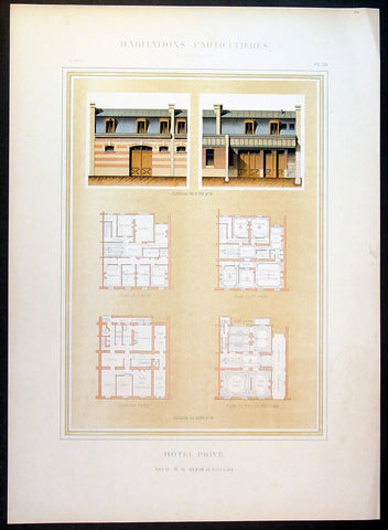 1888 Paul Planat Lithograph Antique Hotel Architectural Print, France