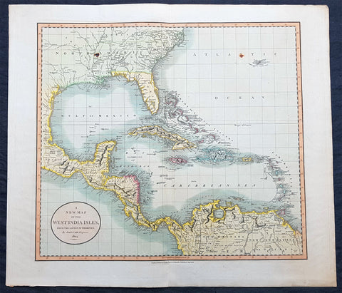 1803 John Cary Large Antique Map North America, United States, Mexico, Caribbean