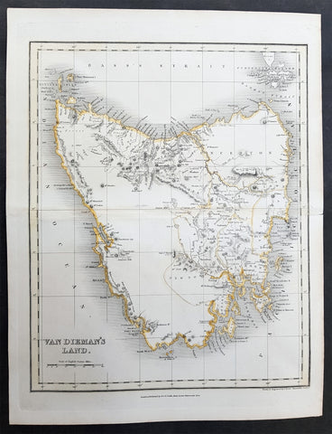 1837 John Dower Original Antique Map of Van Diemens Land - Tasmania, Australia