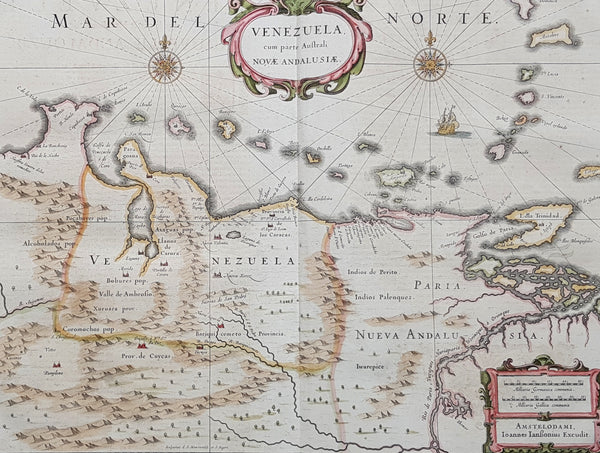 1639 Jansson Scarce Original Antique Map of Venezuela, A. de Berrio & W Raleigh