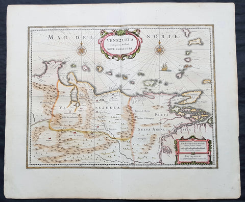 1639 Jansson Scarce Original Antique Map of Venezuela, A. de Berrio & W Raleigh