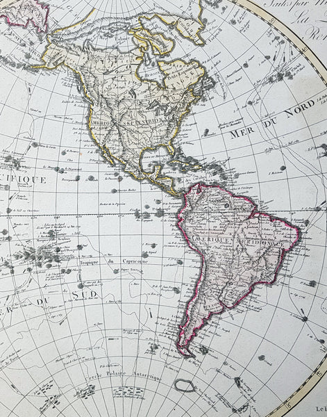 1827 Herisson Large Rare Original Antique Twin Hemisphere World Map, Capt J Cook