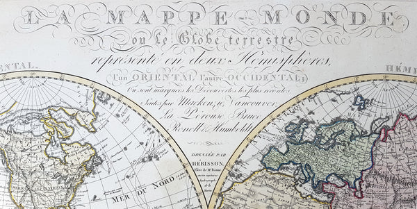 1827 Herisson Large Rare Original Antique Twin Hemisphere World Map, Capt J Cook