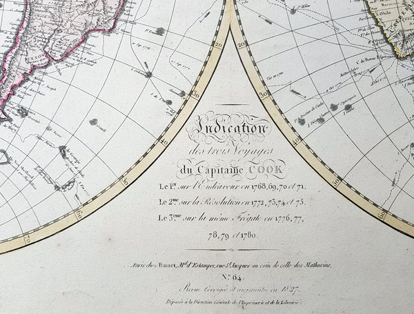 1827 Herisson Large Rare Original Antique Twin Hemisphere World Map, Capt J Cook