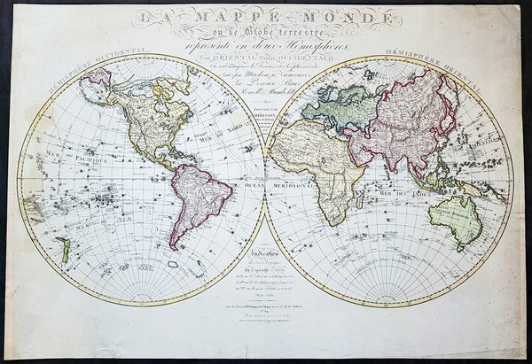 1827 Herisson Large Rare Original Antique Twin Hemisphere World Map, Capt J Cook