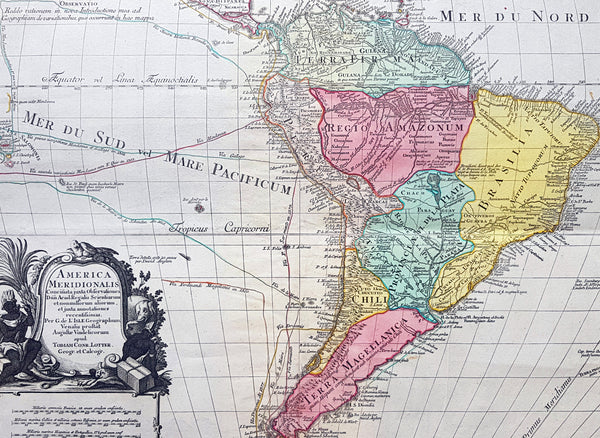 1772 Tobias Lotter Large Antique Map of South America, Drake, Magellan, Le Maire