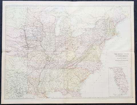 1860 Blackie & Son Large Antique Map of The Eastern United States, inset Florida