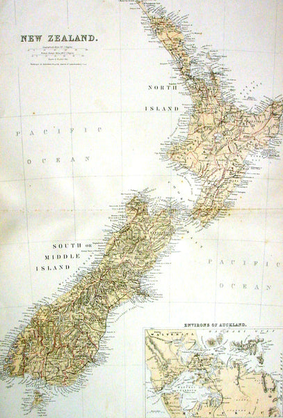 1870 Blackie & Son Large Antique Map of New Zealand w/ inset plan of Auckland