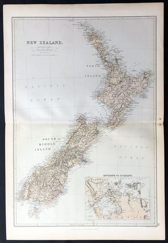1870 Blackie & Son Large Antique Map of New Zealand w/ inset plan of Auckland