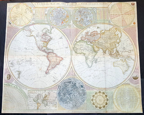 1787 Samuel Dunn Large Antique Double Hemisphere World Map w/ Scientific anno.