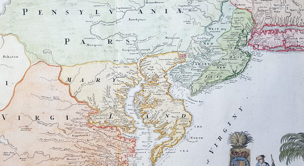 1715 J B Homann Large Antique Map of North America Virginia Chesapeake Bay NJ, NY