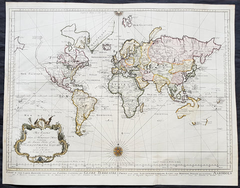 1750 JN Bellin Large Original Antique World Map - Pre Captain James Cook, Rare