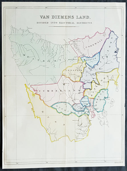 1852 John Arrowsmith Rare Antique Map The First Electoral Districts of Tasmania