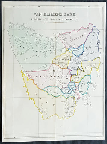 1852 John Arrowsmith Rare Antique Map The First Electoral Districts of Tasmania