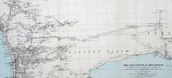 1876 Petermann Antique Map Expedition Ernest Giles Western & South Australia, 1875