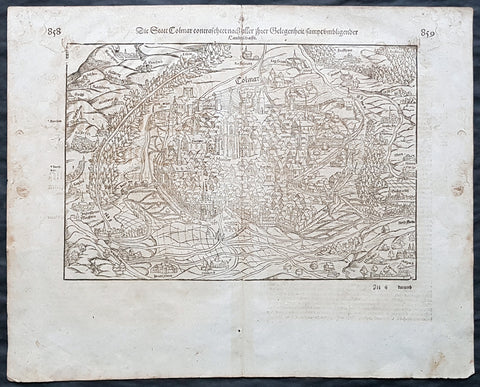 1588 Sebastian Munster Antique Print View of Comar, in Alsace region of France